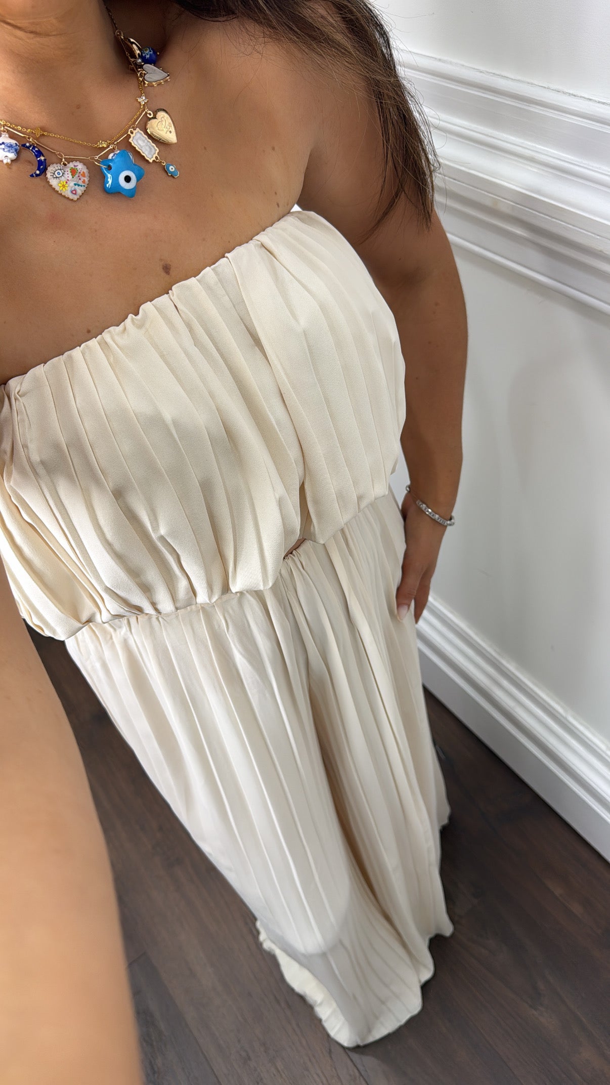AMALIE cream pleated boob tube and palazzo co-ord