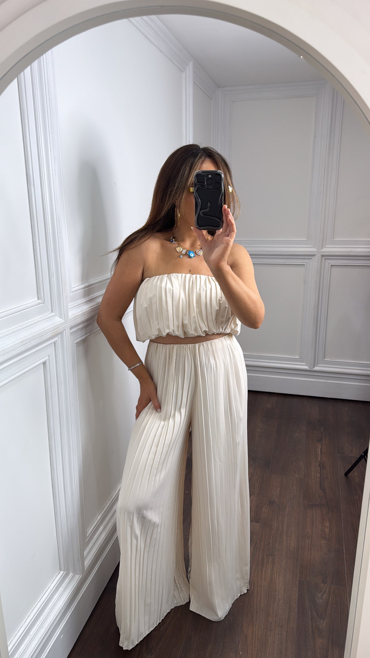 AMALIE cream pleated boob tube and palazzo co-ord