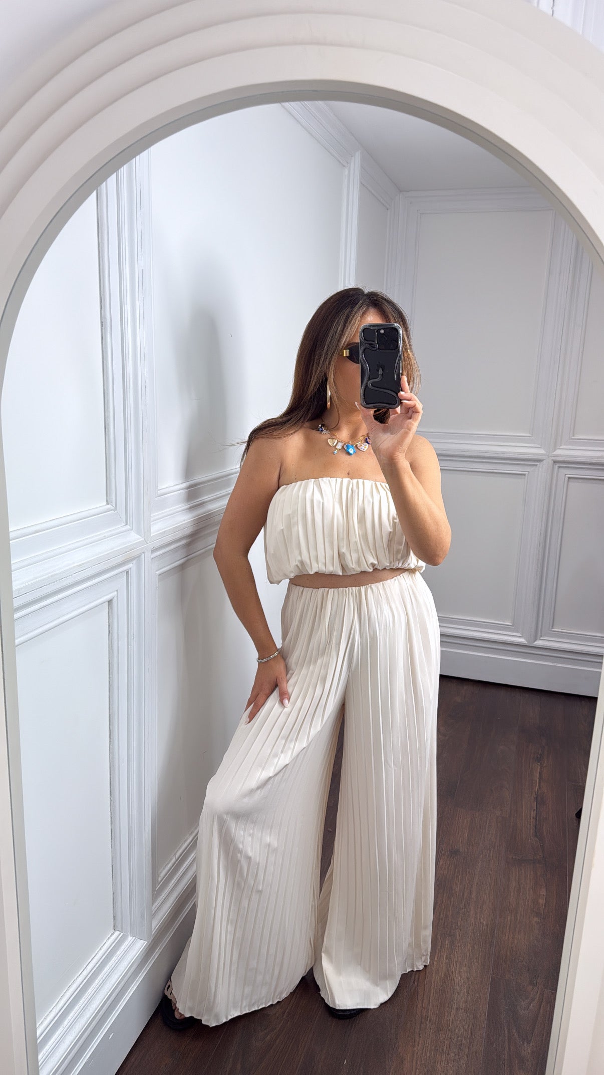AMALIE cream pleated boob tube and palazzo co-ord