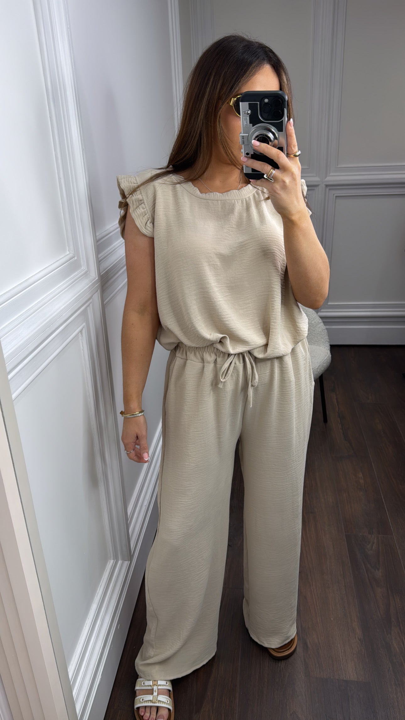 NINA beige ruffle top and wide leg co-ord