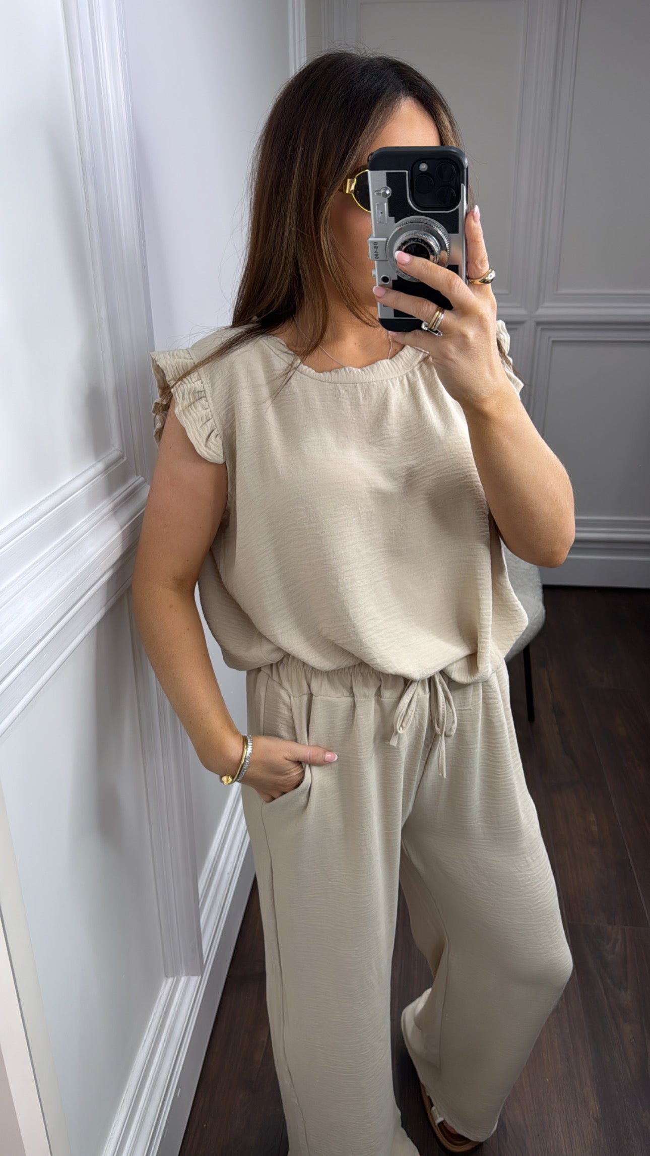 NINA beige ruffle top and wide leg co-ord