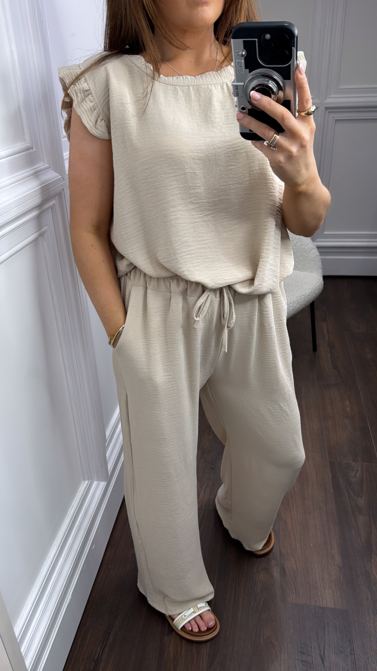 NINA beige ruffle top and wide leg co-ord