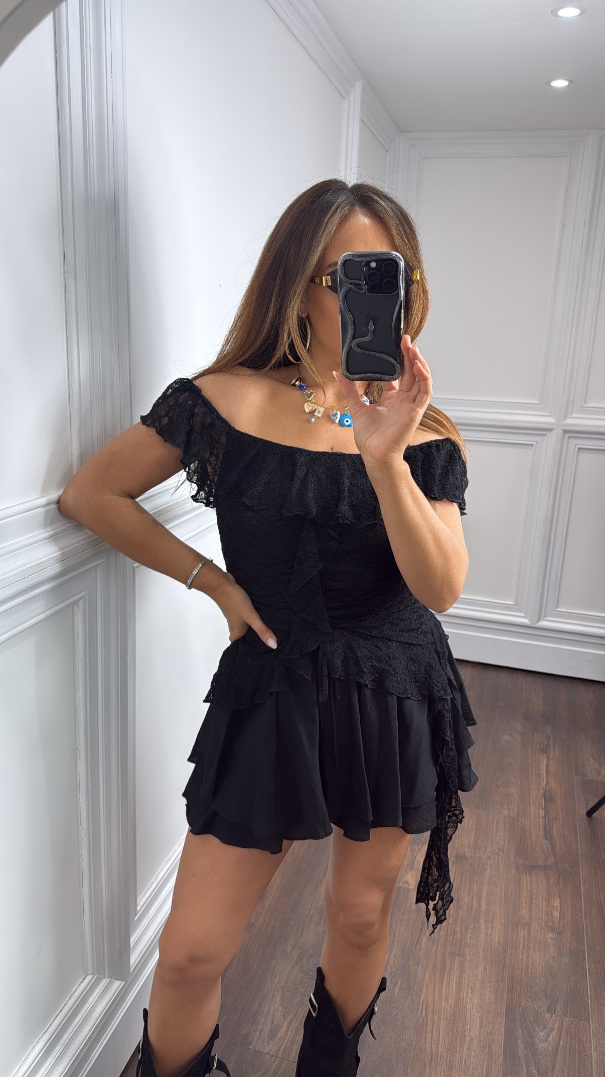 SAFFI black lace ruffle top