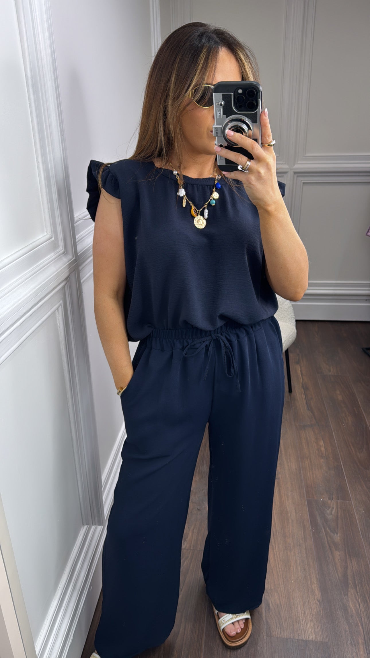 NINA navy ruffle top and wide leg co-ord