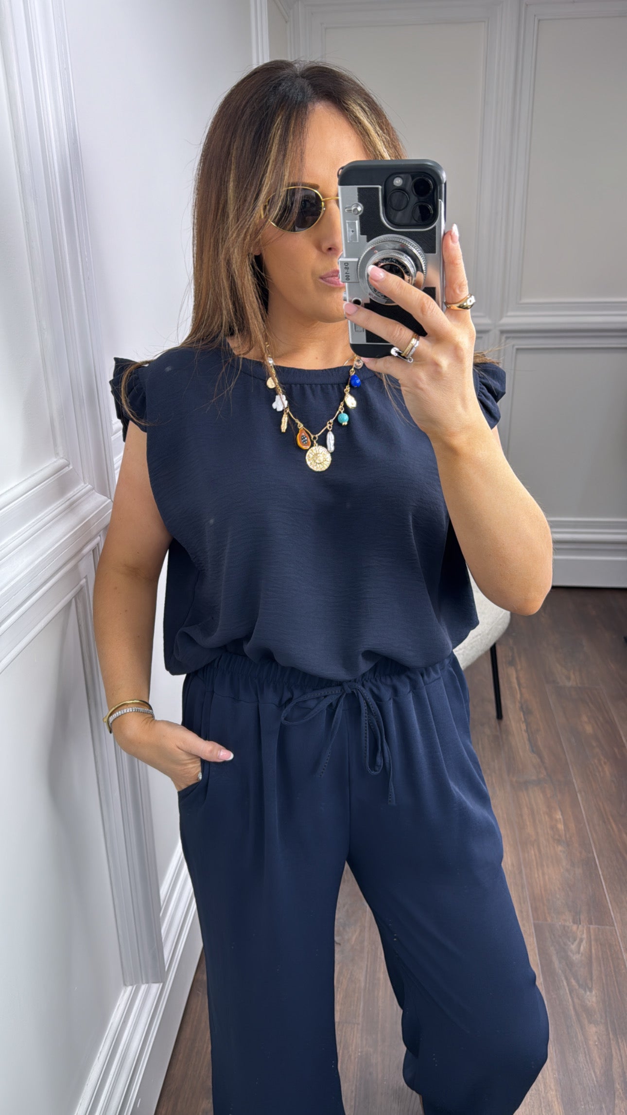 NINA navy ruffle top and wide leg co-ord