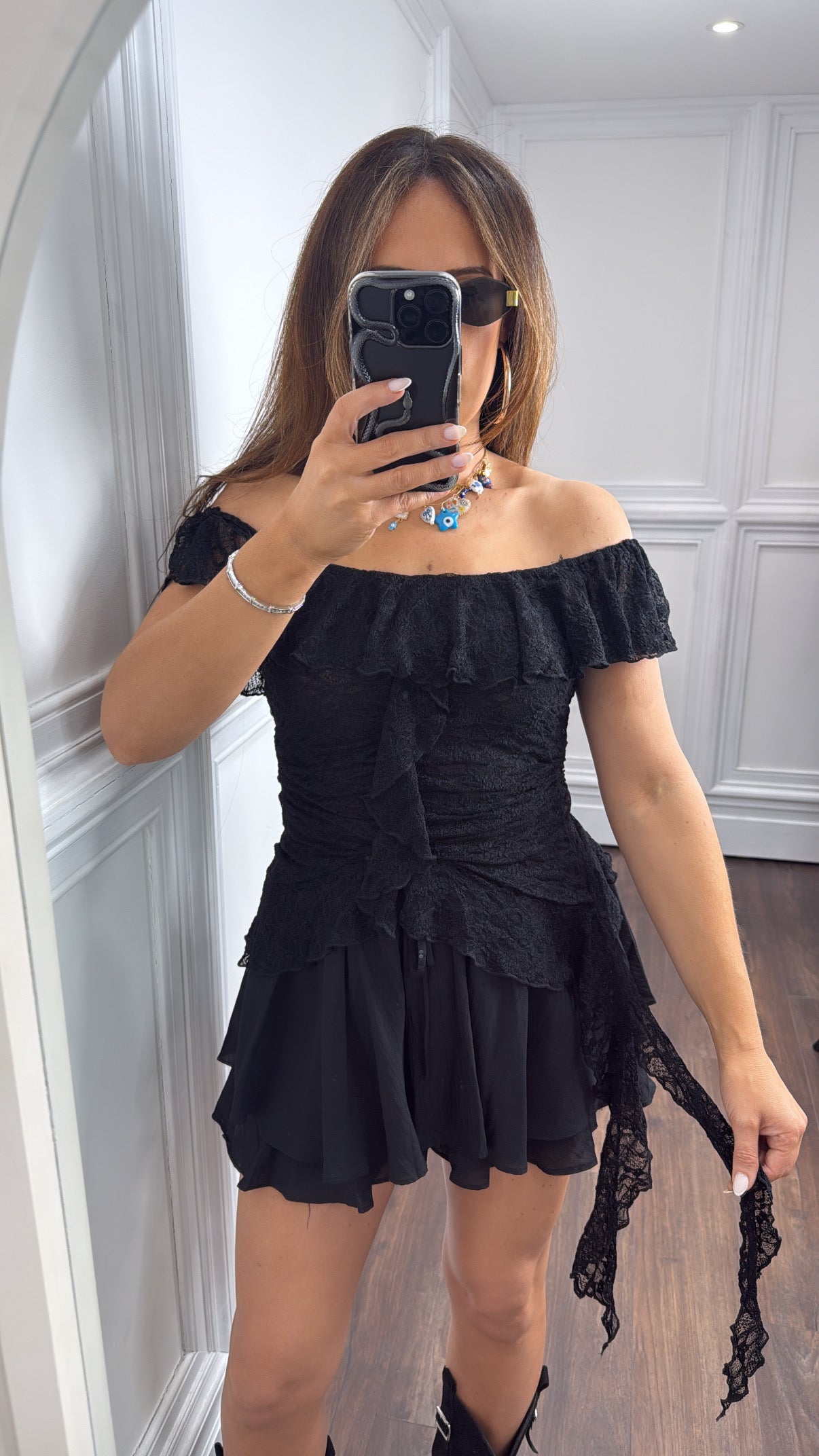 SAFFI black lace ruffle top