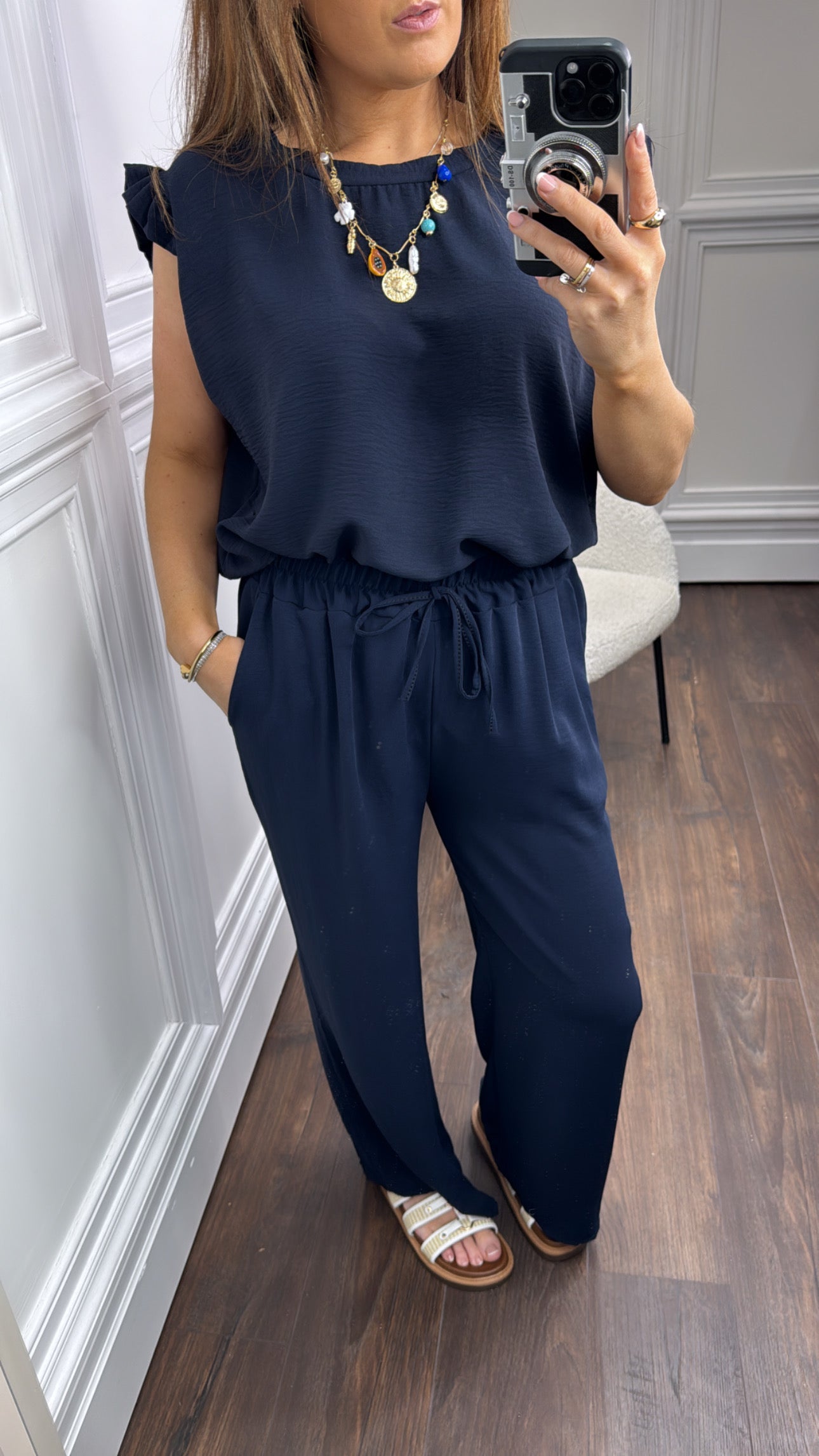 NINA navy ruffle top and wide leg co-ord