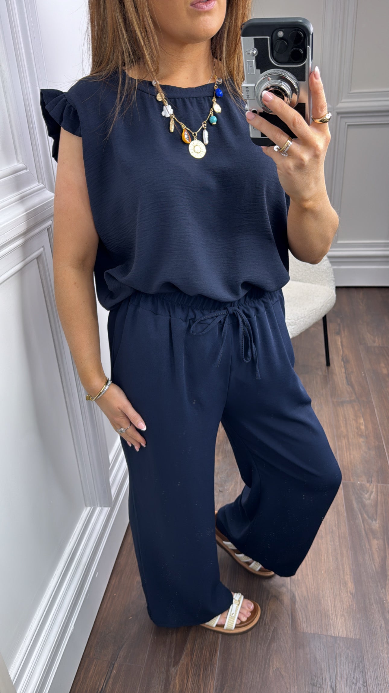 NINA navy ruffle top and wide leg co-ord