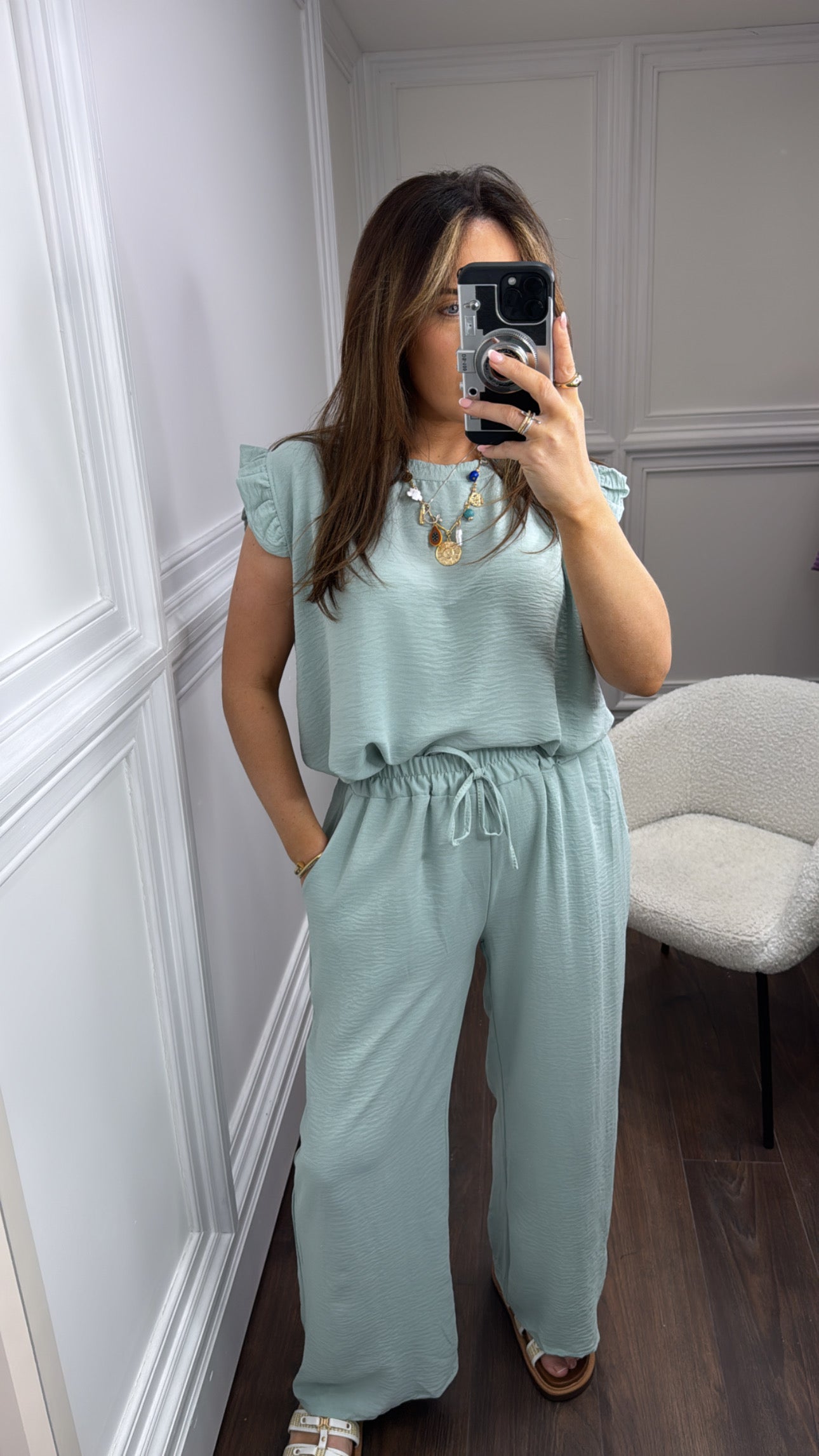 NINA mint green ruffle top and wide leg co-ord