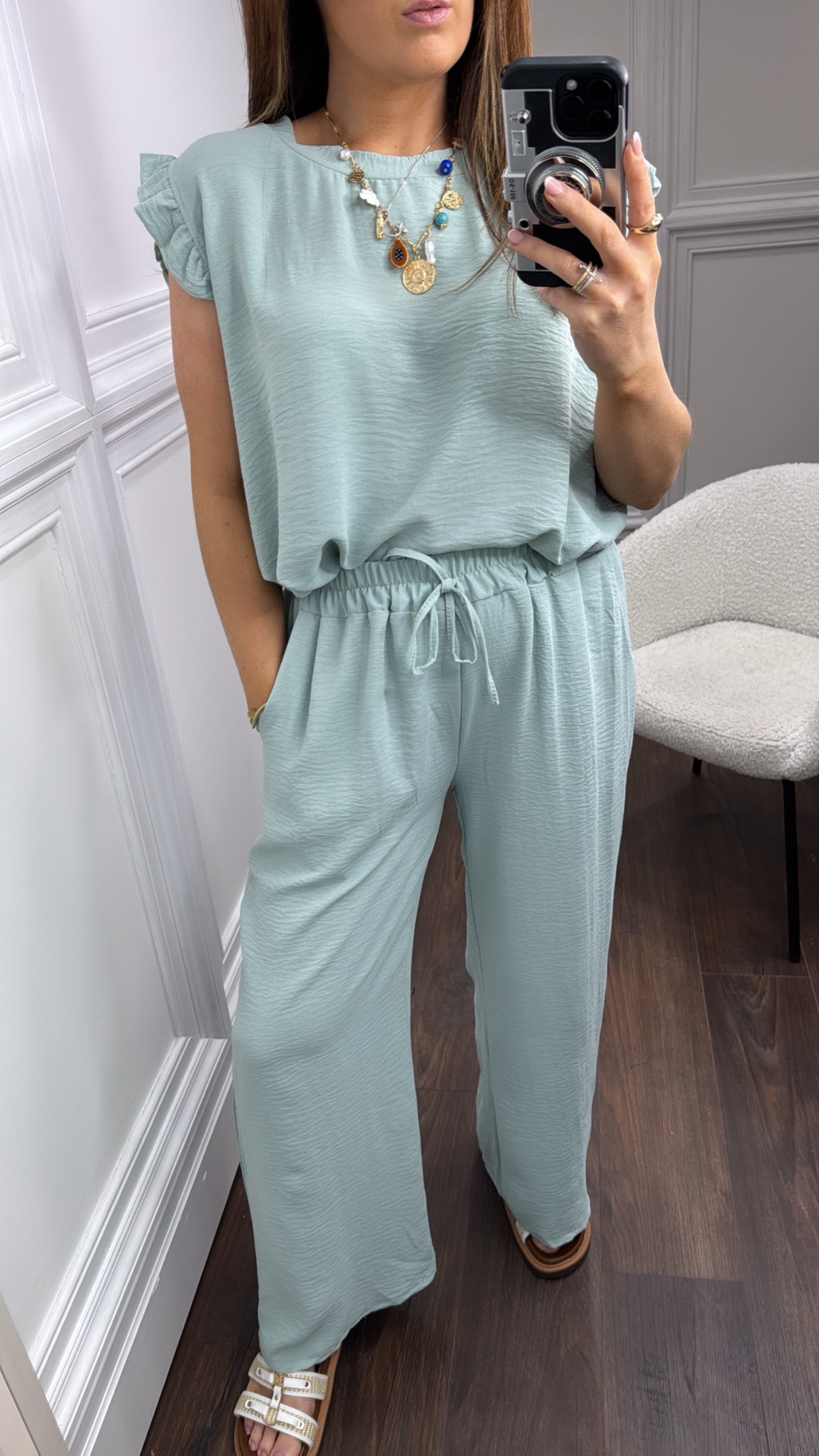 NINA mint green ruffle top and wide leg co-ord