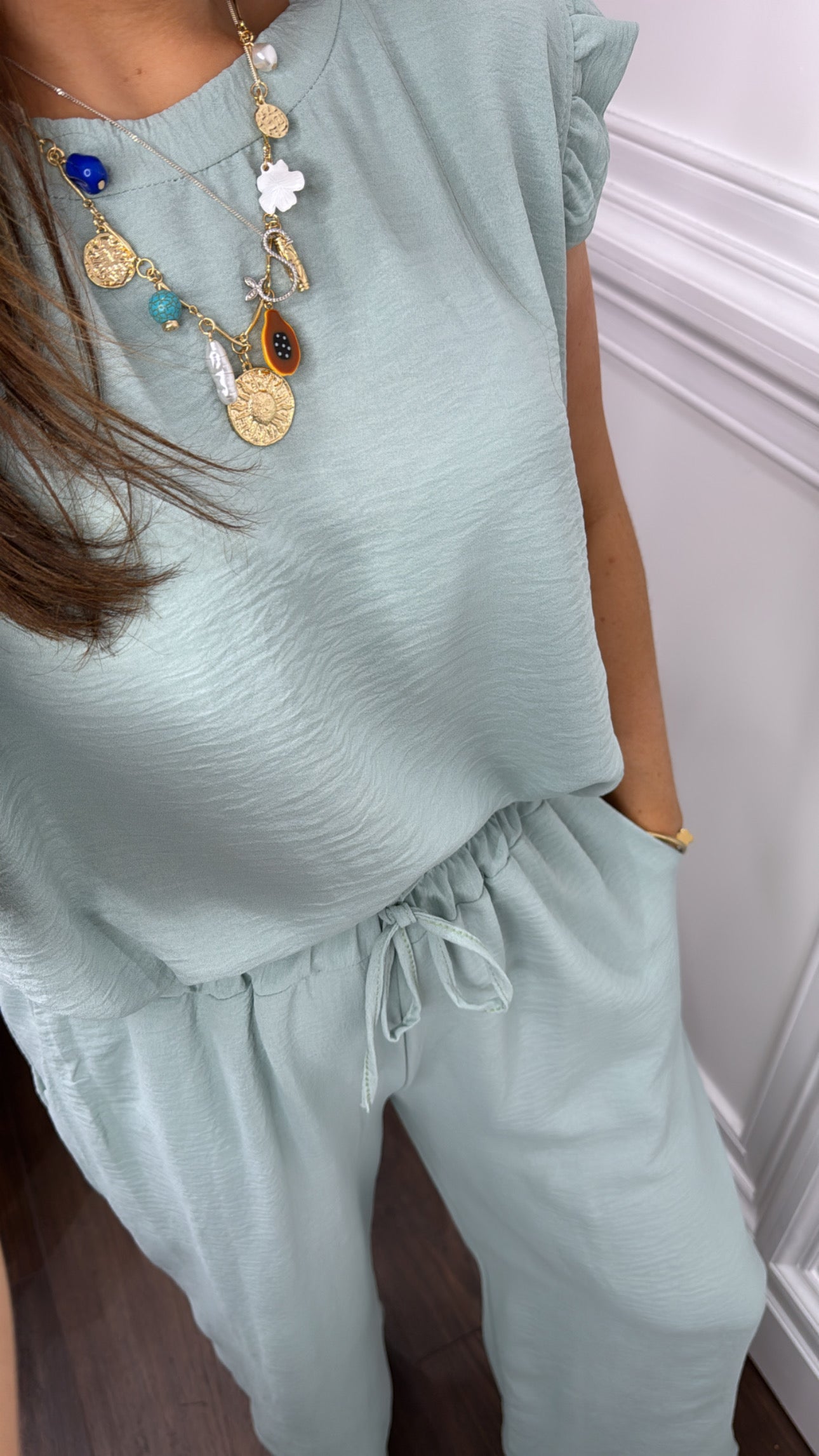 NINA mint green ruffle top and wide leg co-ord