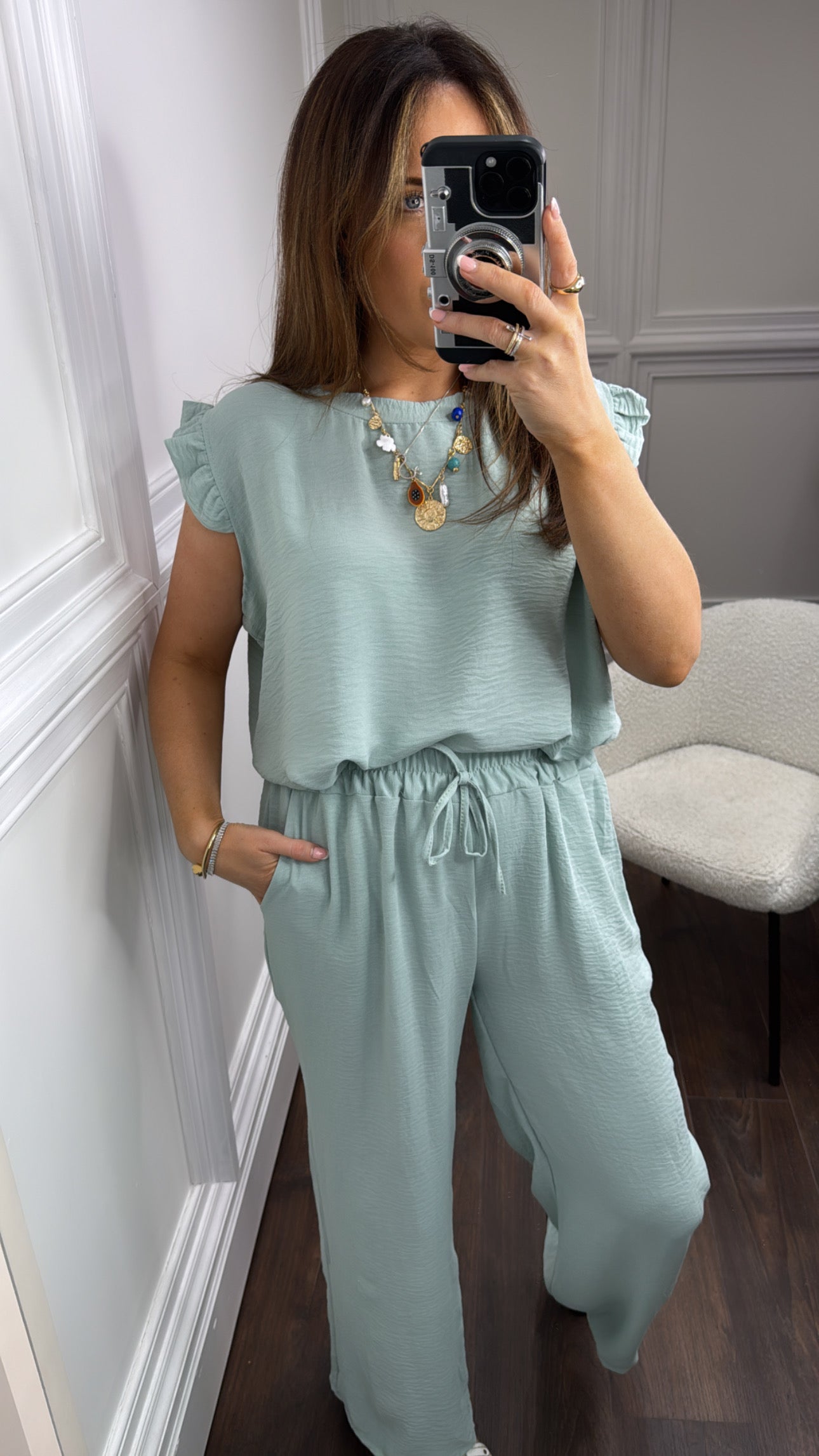 NINA mint green ruffle top and wide leg co-ord