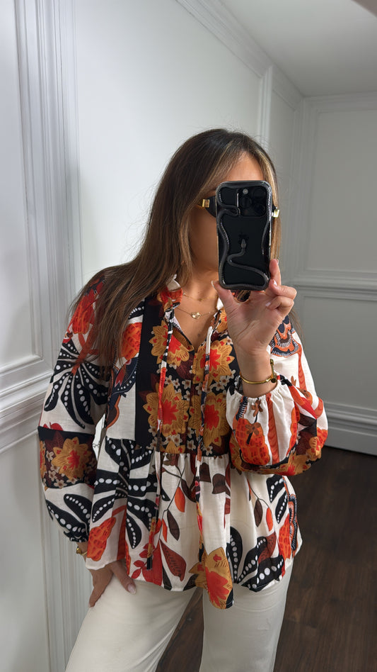 ELODIE brown floral retro blouse