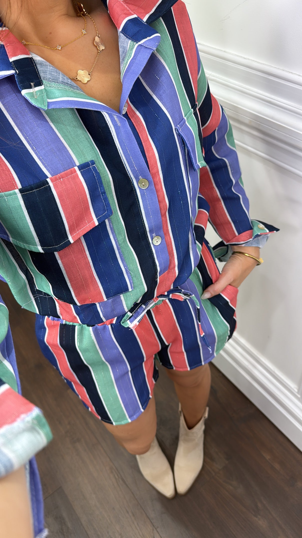 ELISHA navy stripe cropped top and shorts co-ord