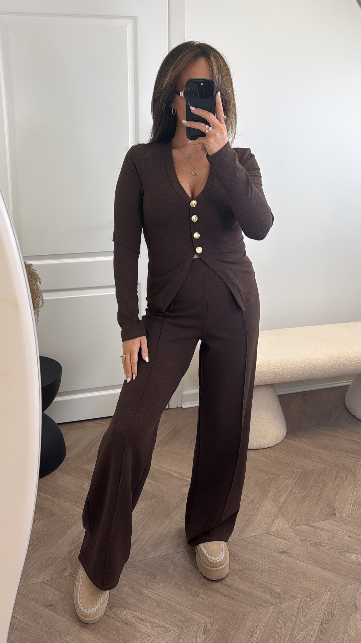 CASSIE brown gold button top and trousers co-ord