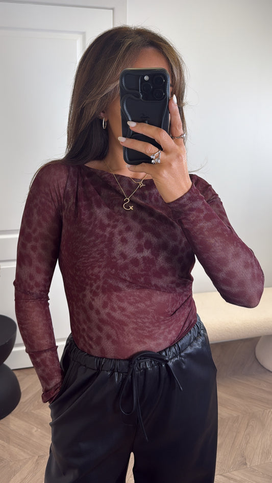 SOPHIA burgundy mesh leopard top
