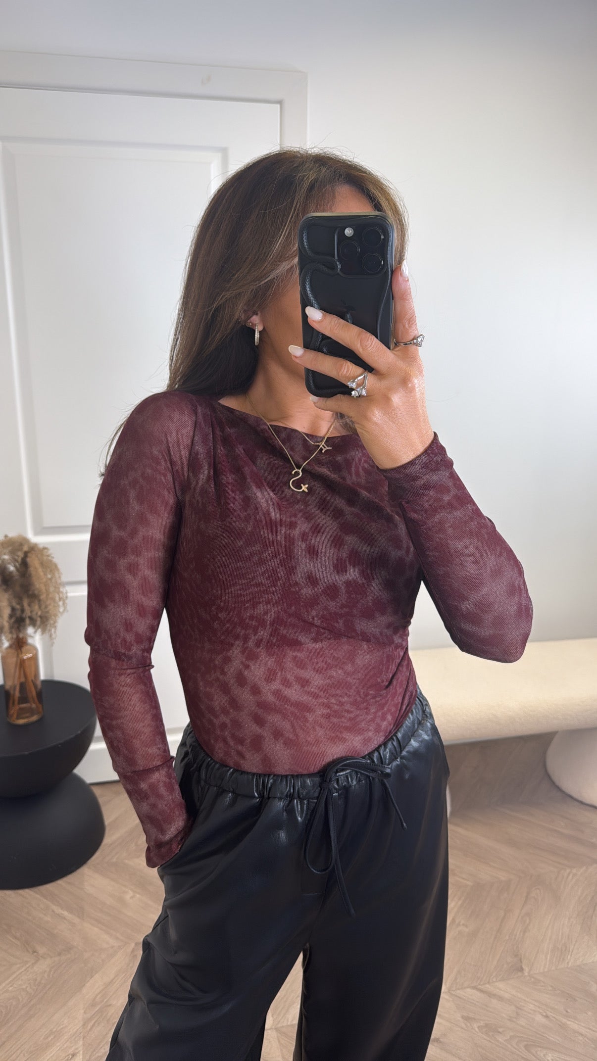 SOPHIA burgundy mesh leopard top