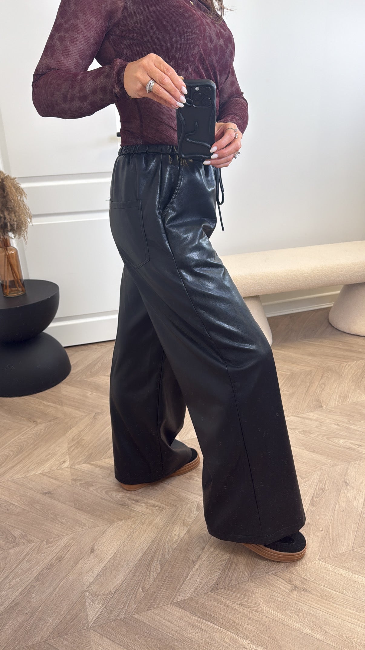 TATUM black leather look wide leg joggers