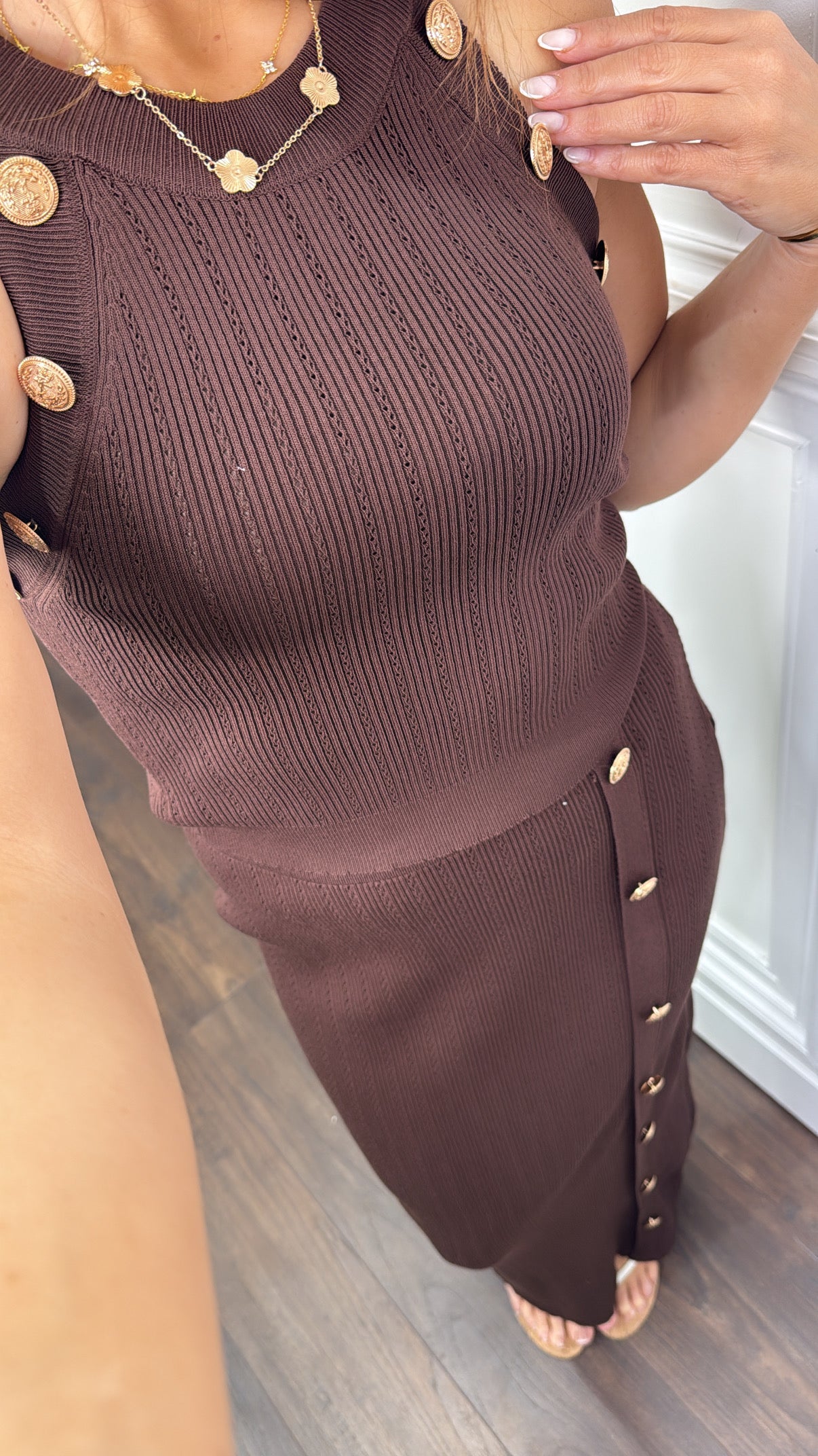 OLIVIA brown gold button top and maxi skirt co-ord