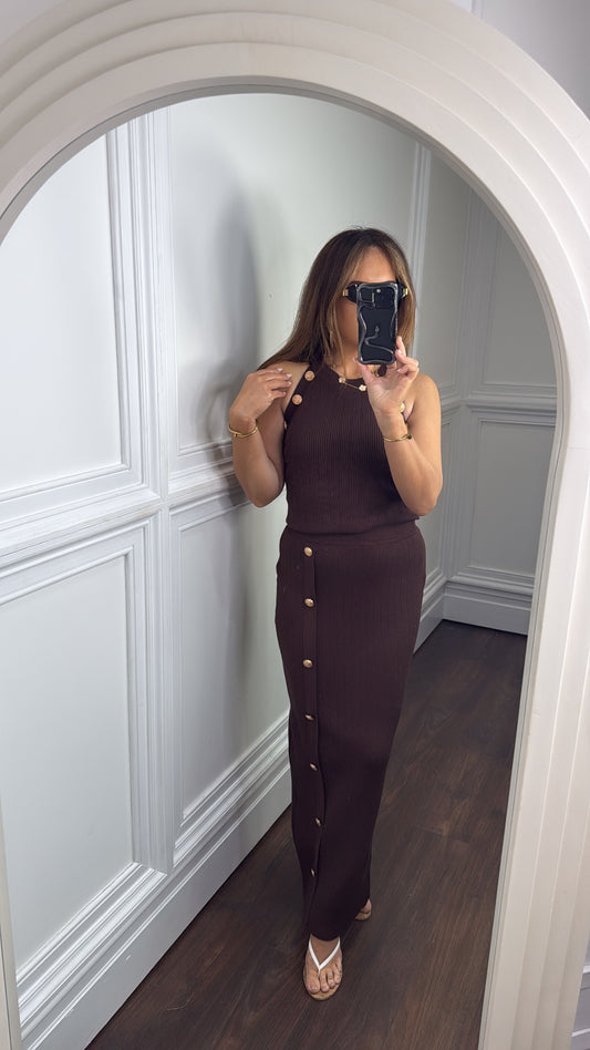 OLIVIA brown gold button top and maxi skirt co-ord
