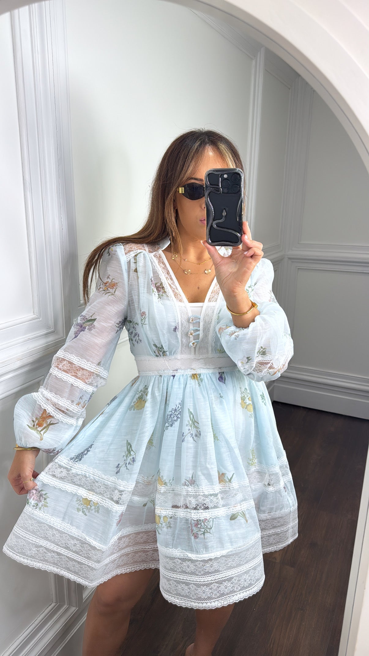 BELLE blue botanical lace detail dress