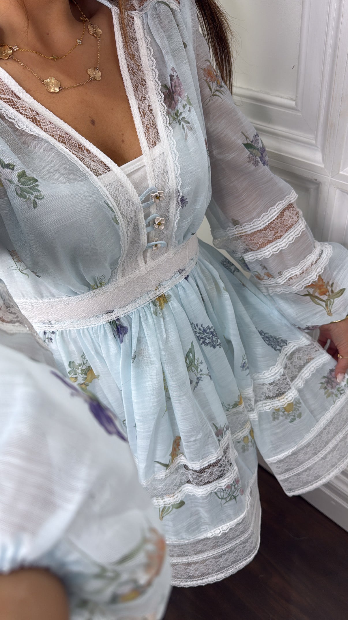 BELLE blue botanical lace detail dress