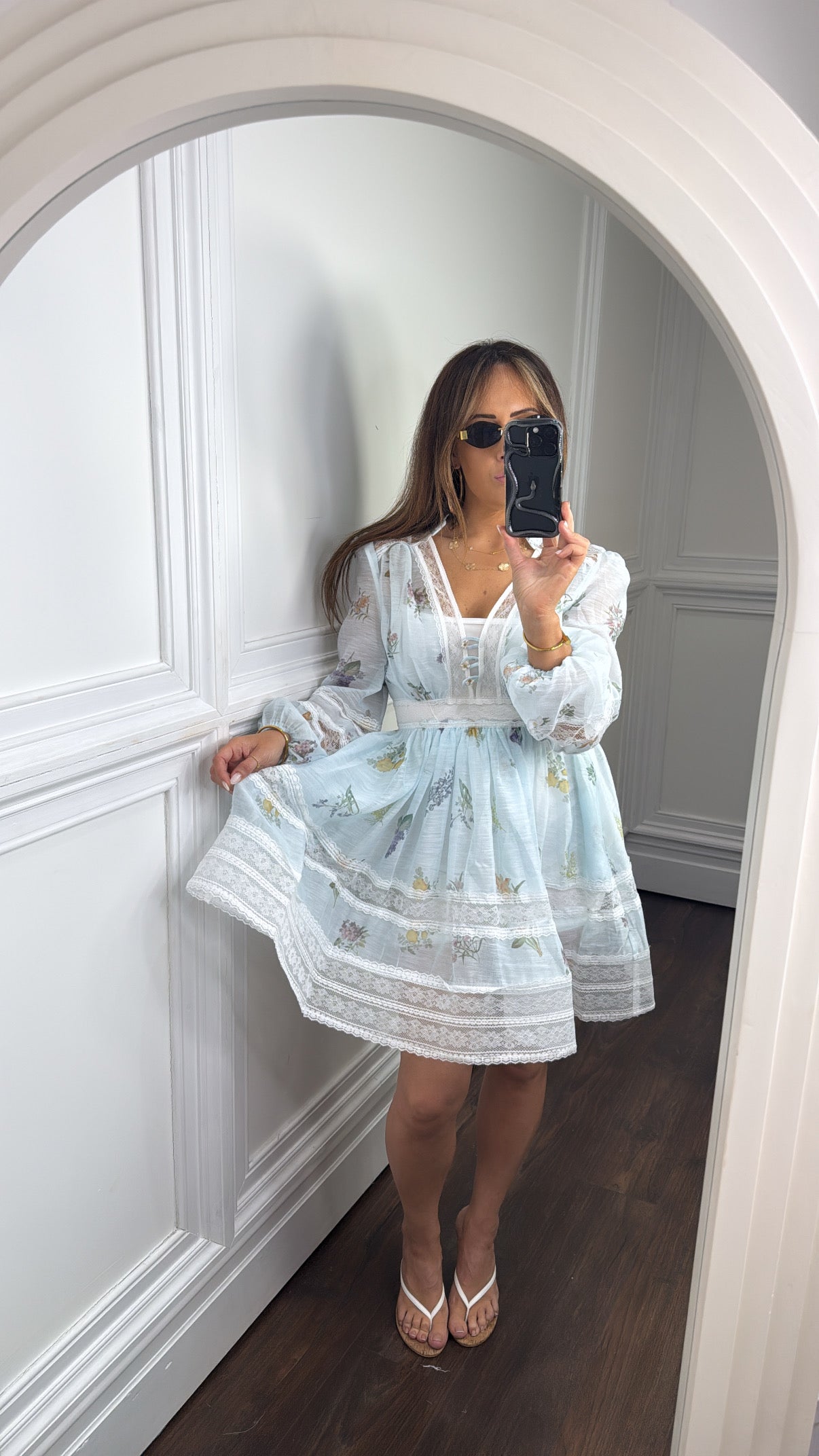 BELLE blue botanical lace detail dress