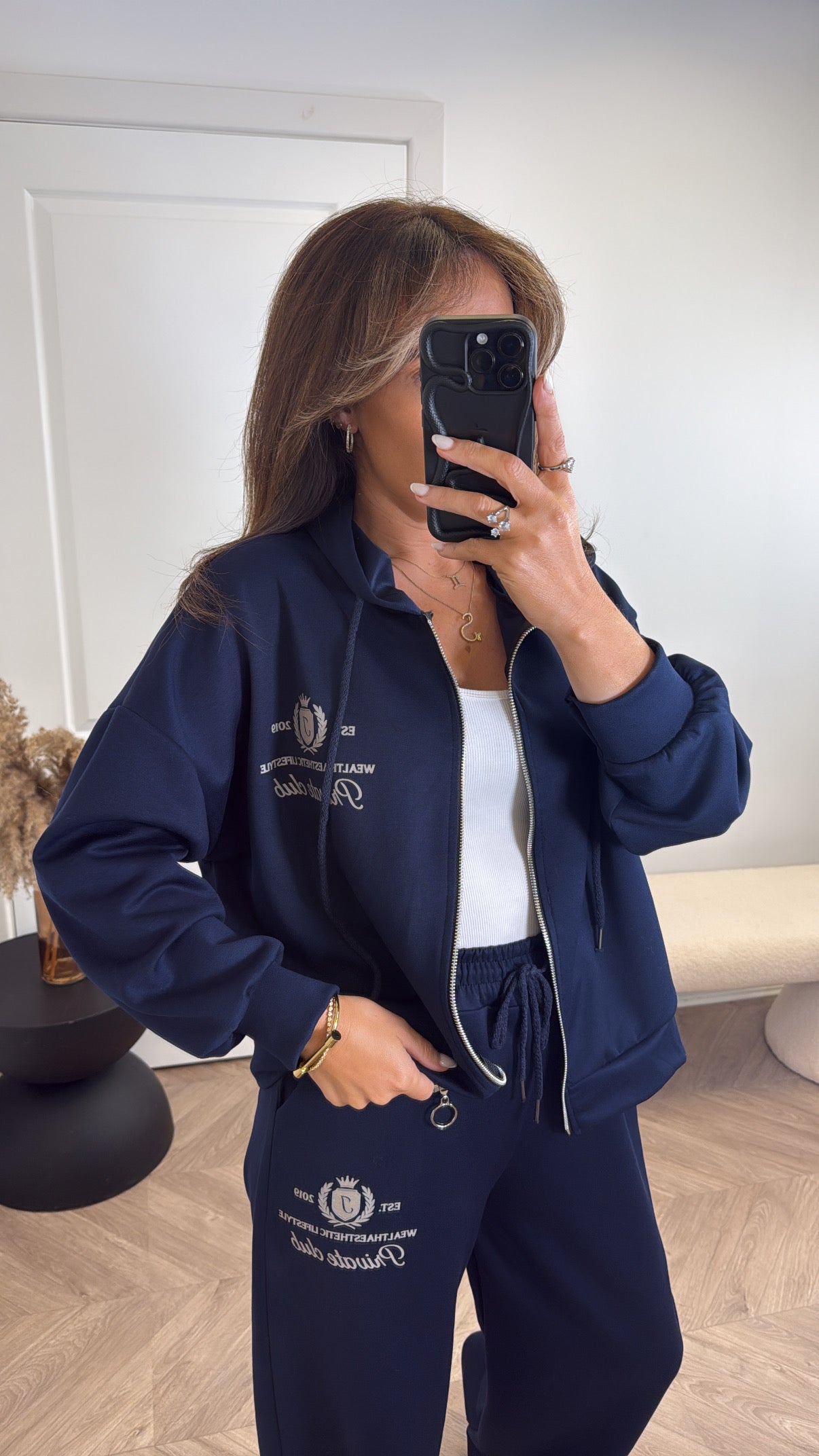 TAMZIN navy zip up jacket tracksuit with logo (longer length)