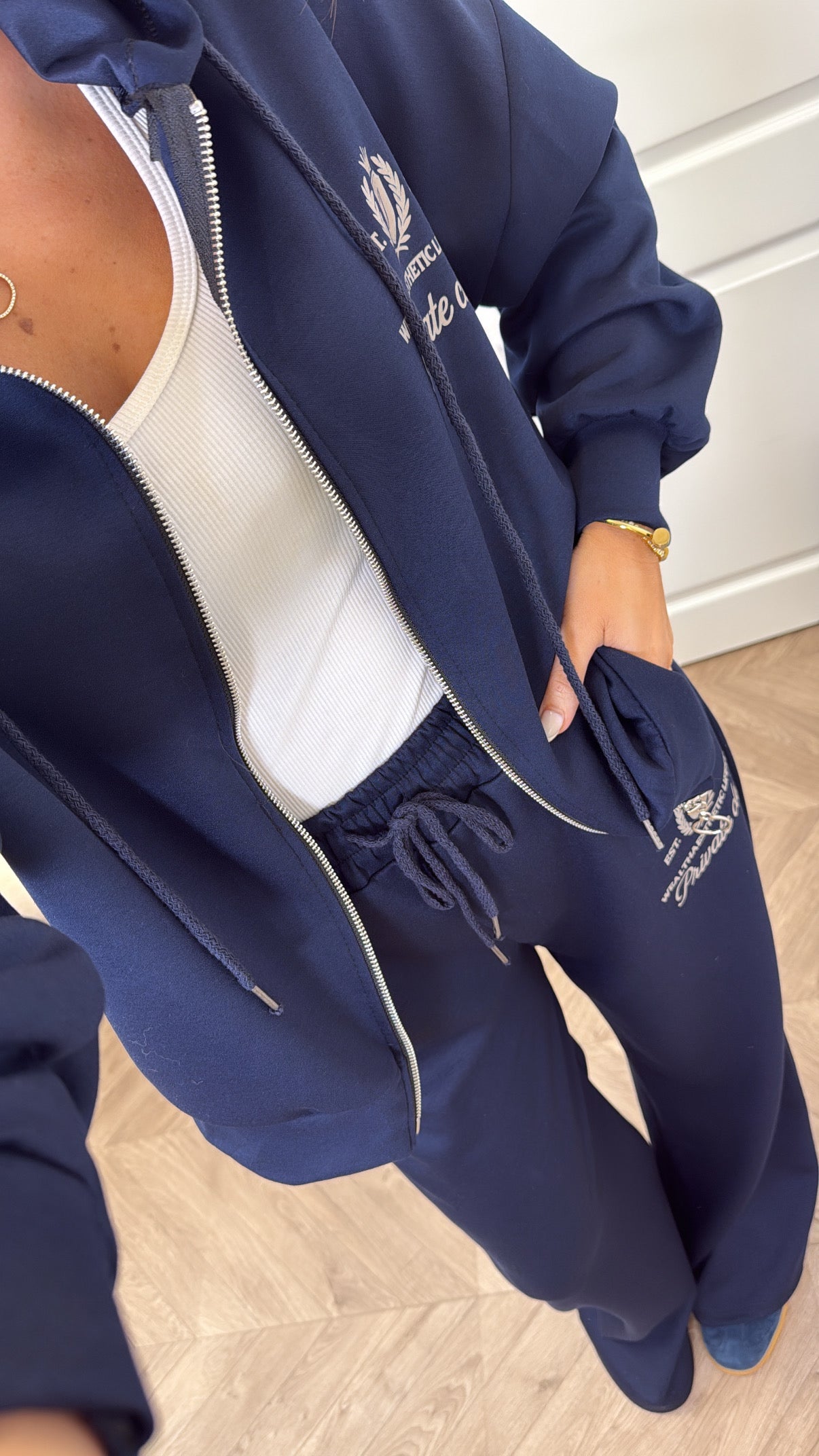 TAMZIN navy zip up jacket tracksuit with logo (longer length)