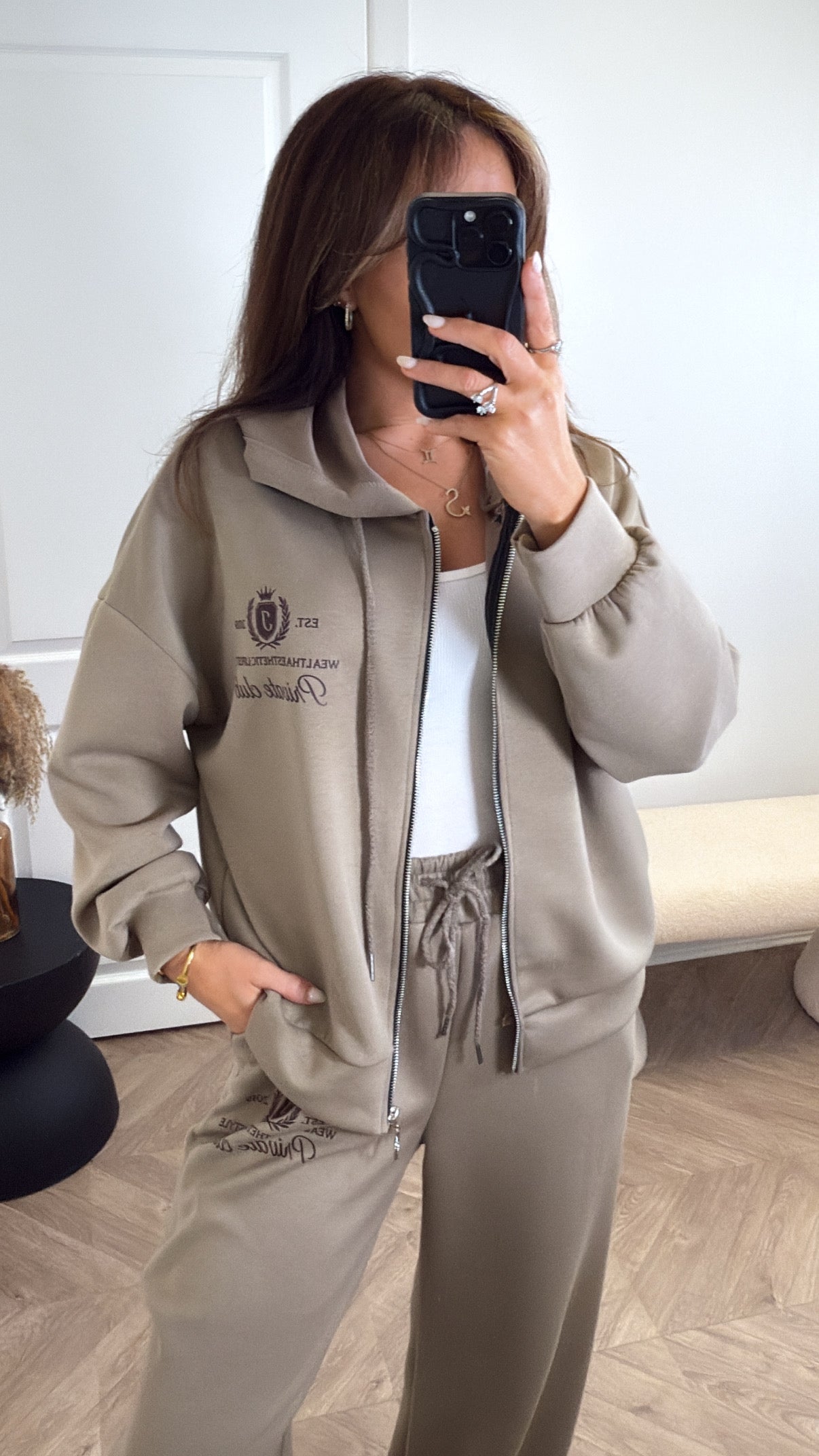 TAMZIN mocha zip up jacket tracksuit with logo (longer length)