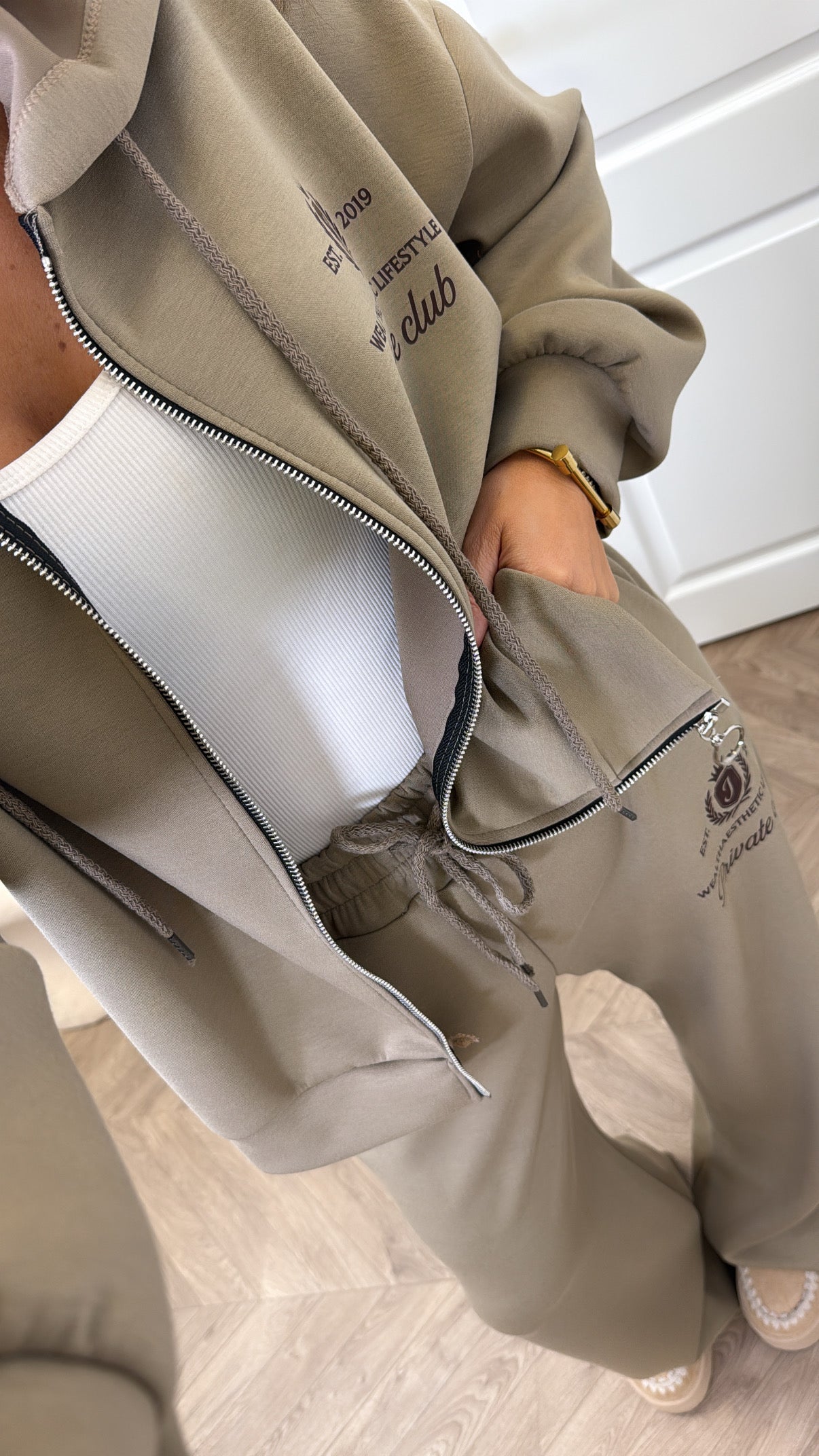 TAMZIN mocha zip up jacket tracksuit with logo (longer length)