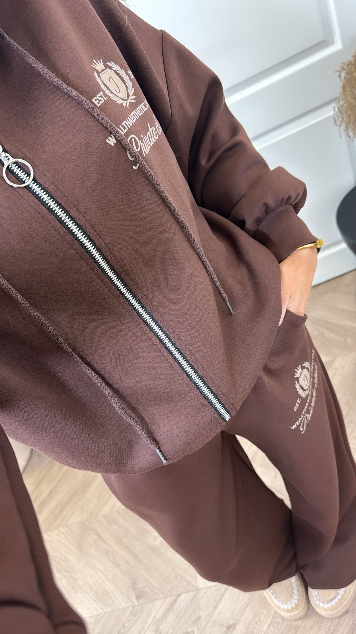 TAMZIN brown zip up jacket tracksuit with logo (longer length)
