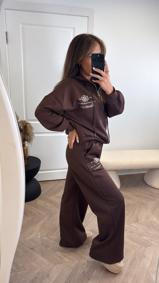 TAMZIN brown zip up jacket tracksuit with logo (longer length)