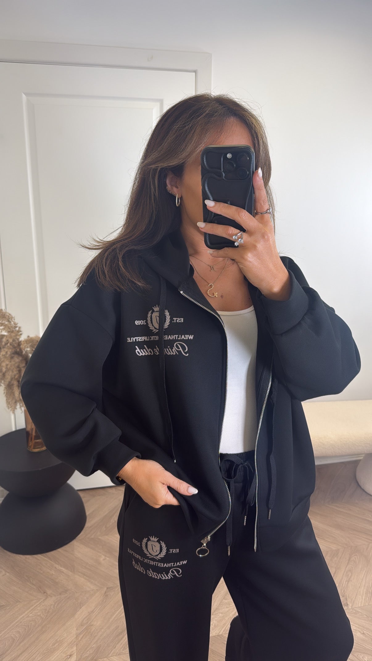 TAMZIN black zip up jacket tracksuit with logo (longer length)