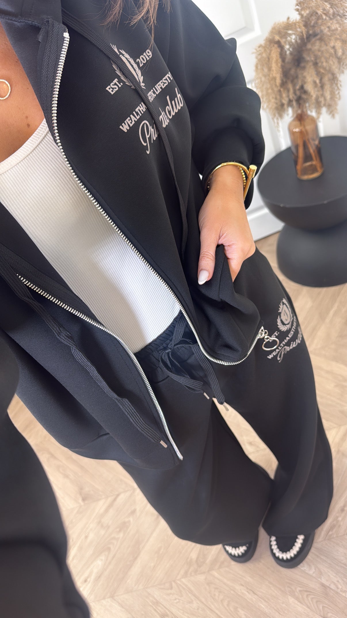 TAMZIN black zip up jacket tracksuit with logo (longer length)