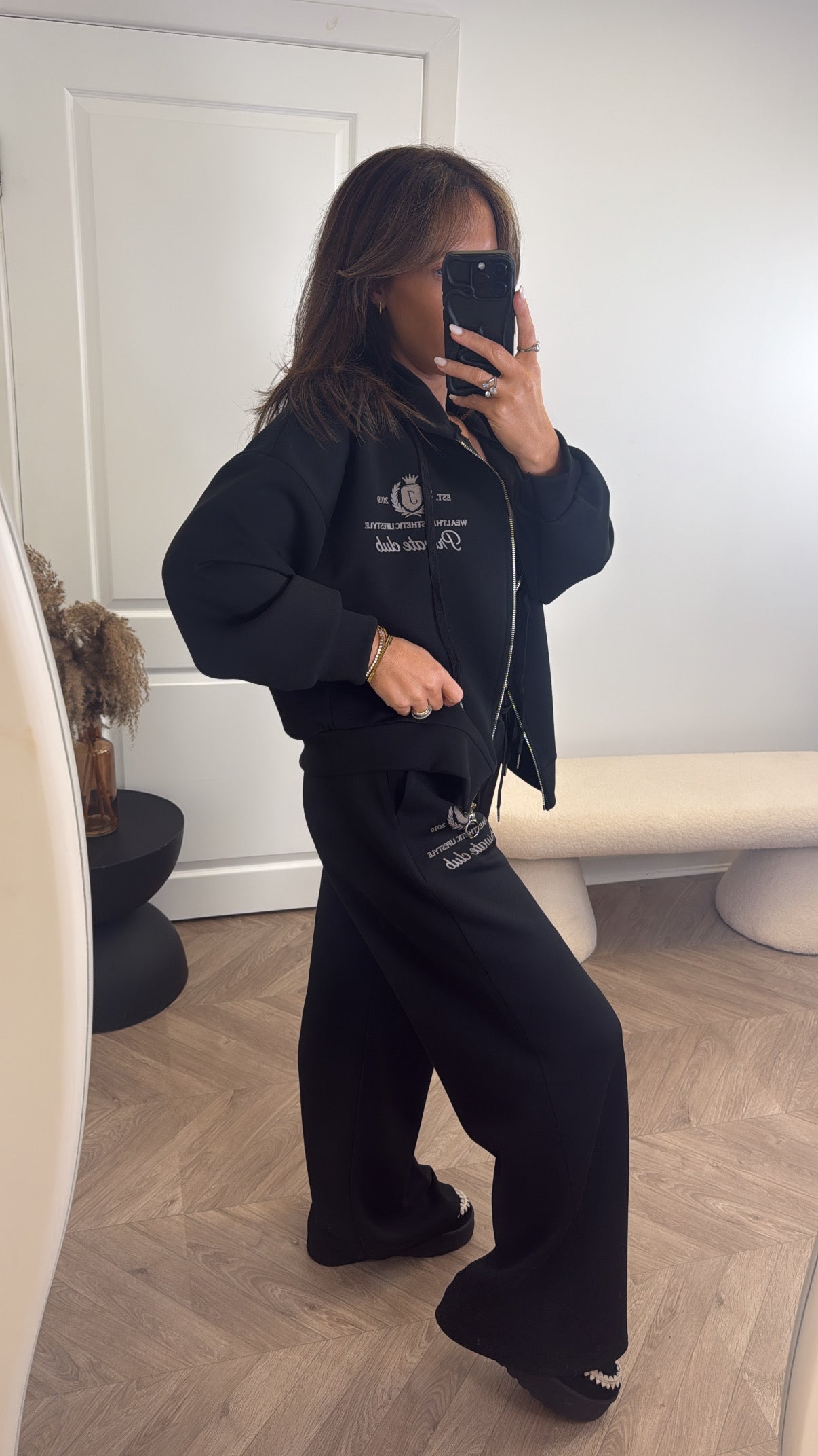 TAMZIN black zip up jacket tracksuit with logo (longer length)
