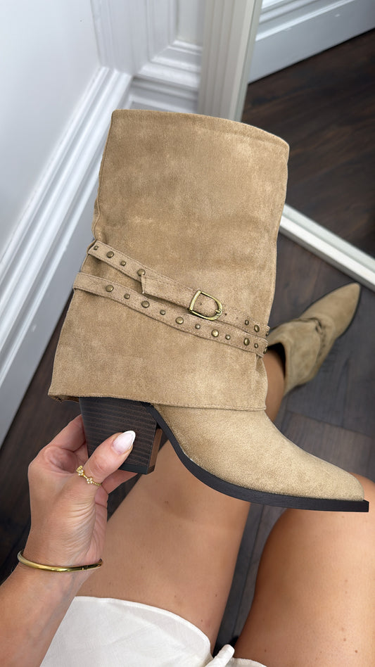 MAE beige faux suede stud detail cowboy boots