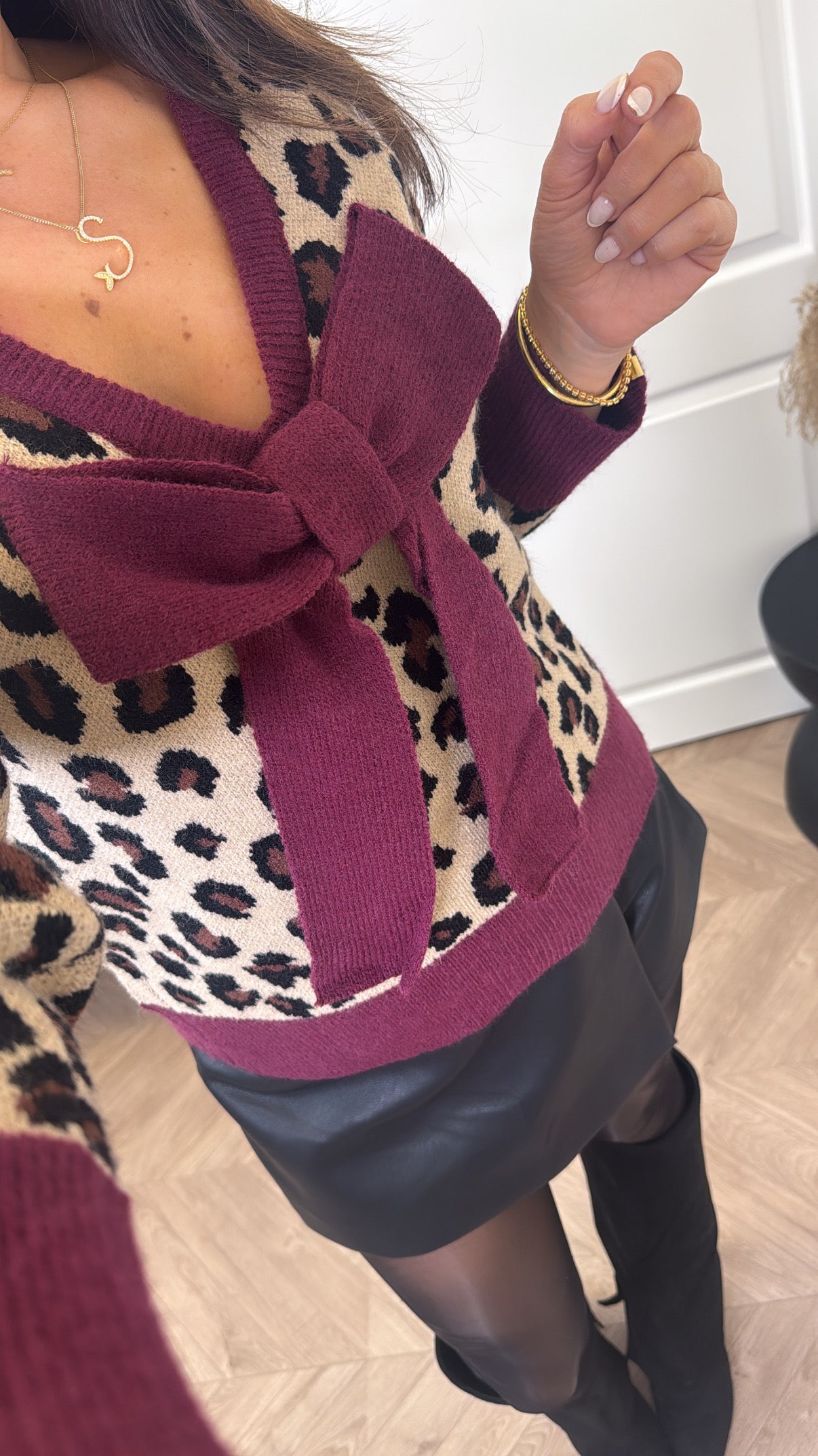 ZARA leopard and burgundy 2way bow detail jumper