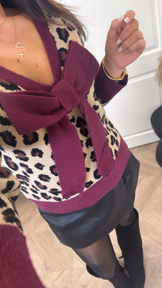 ZARA leopard and burgundy 2way bow detail jumper