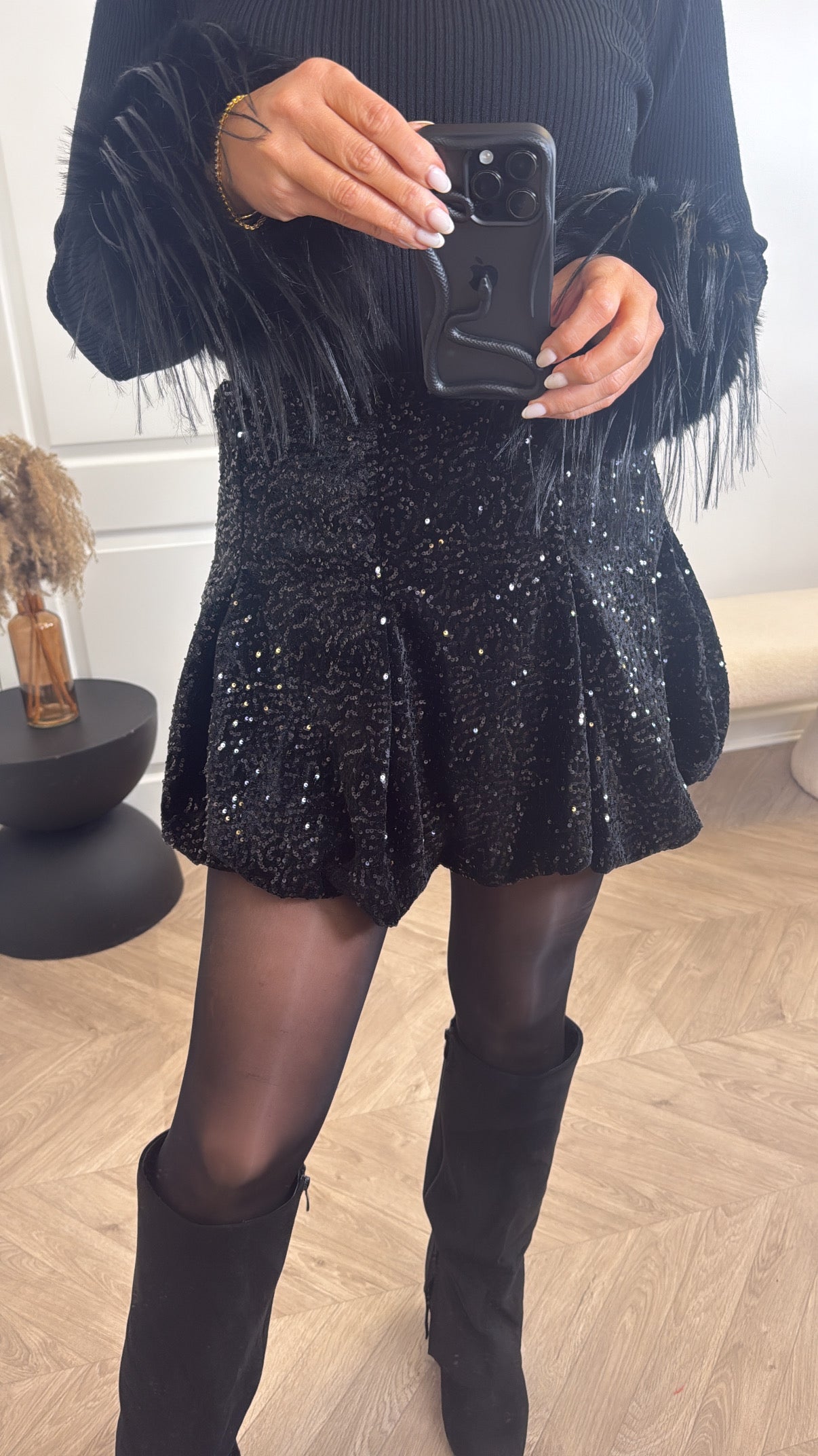 ZEENA black sequin bubble hem skirt