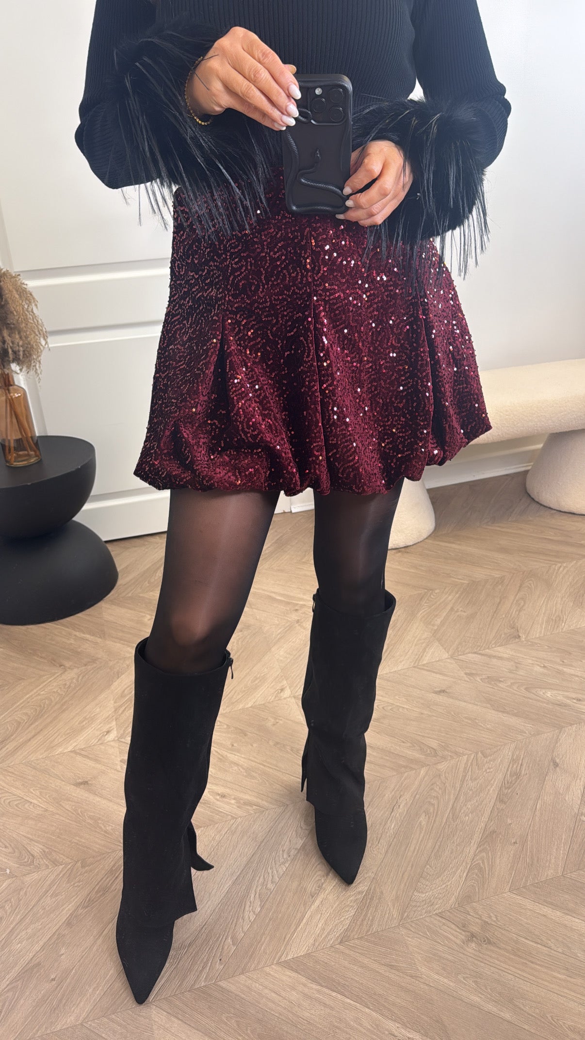 ZEENA burgundy sequin bubble hem skirt