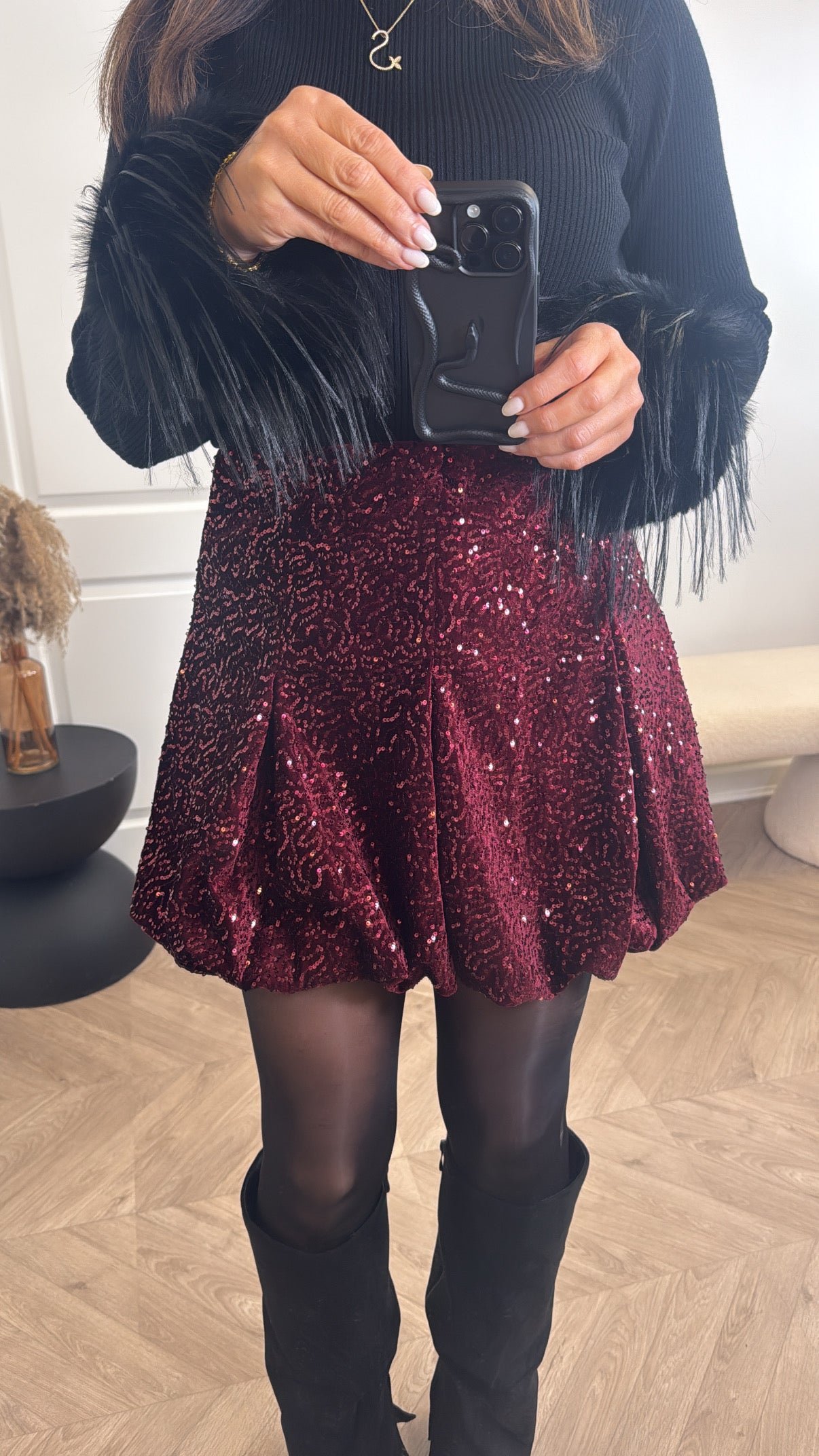 ZEENA burgundy sequin bubble hem skirt