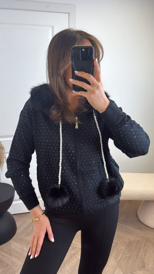 YVONNE black stud and pearl detail zip up hoody