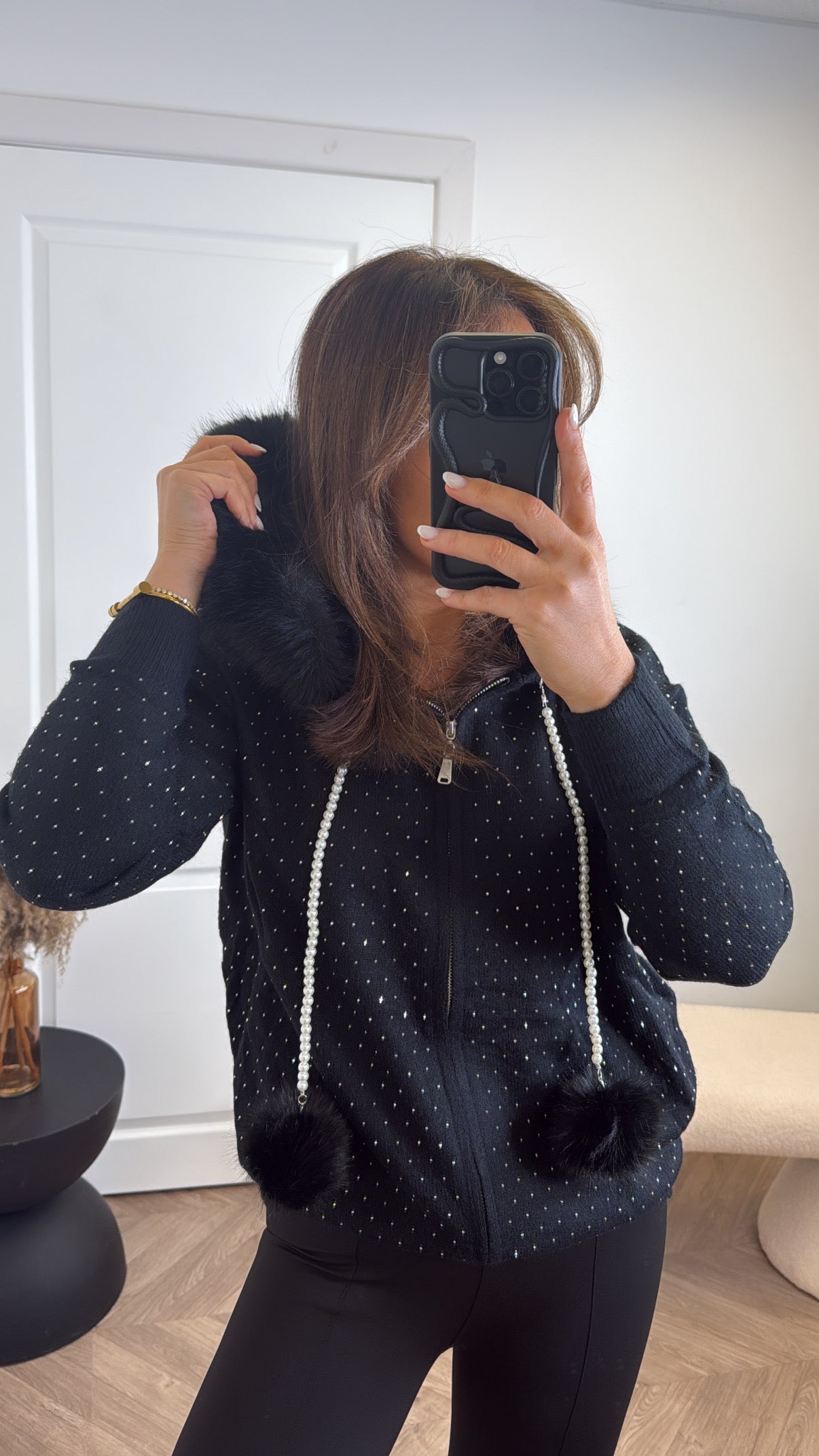 YVONNE black stud and pearl detail zip up hoody