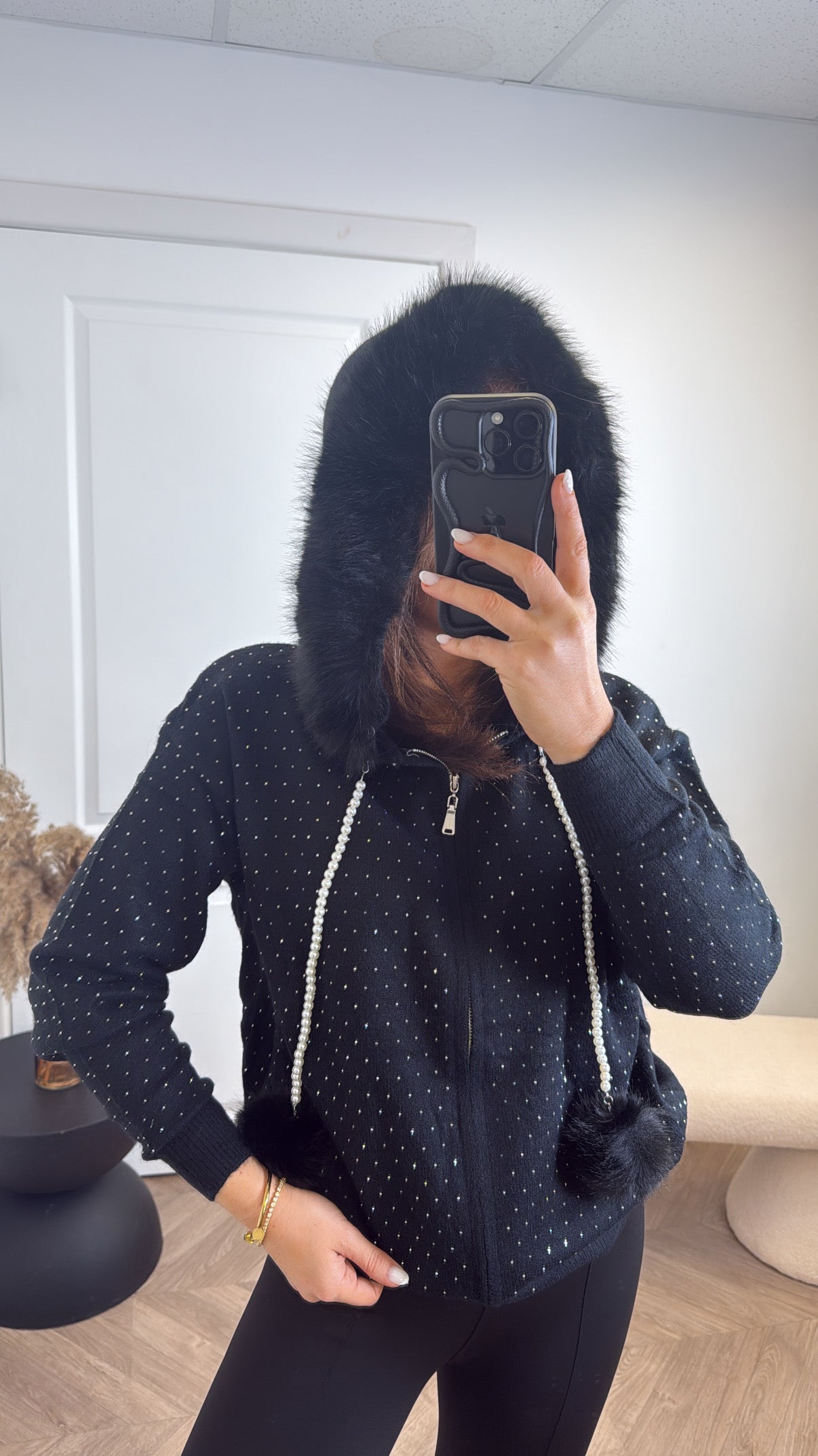 YVONNE black stud and pearl detail zip up hoody