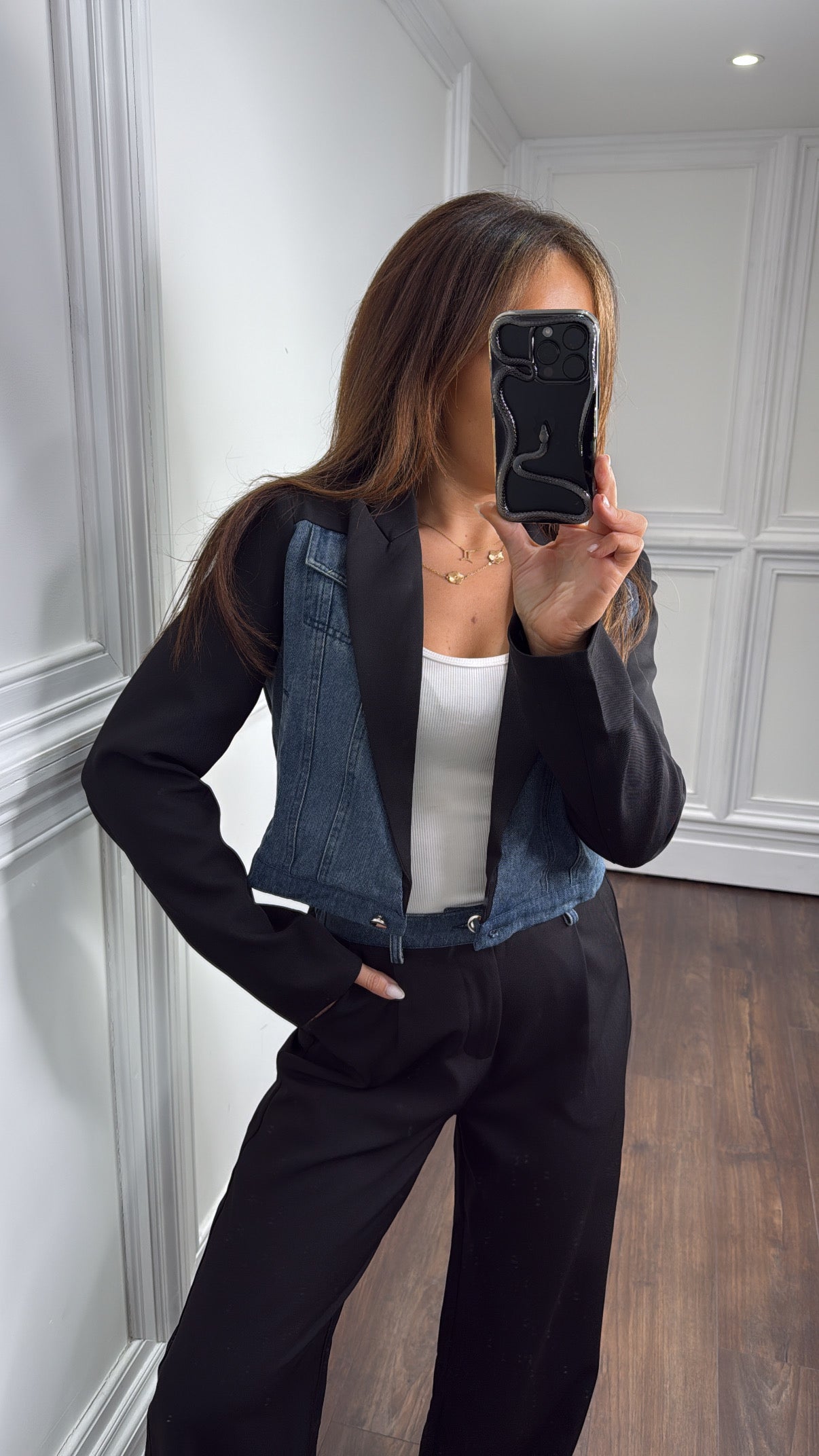 IMOGEN black denim contrast blazer and trouser co-ord