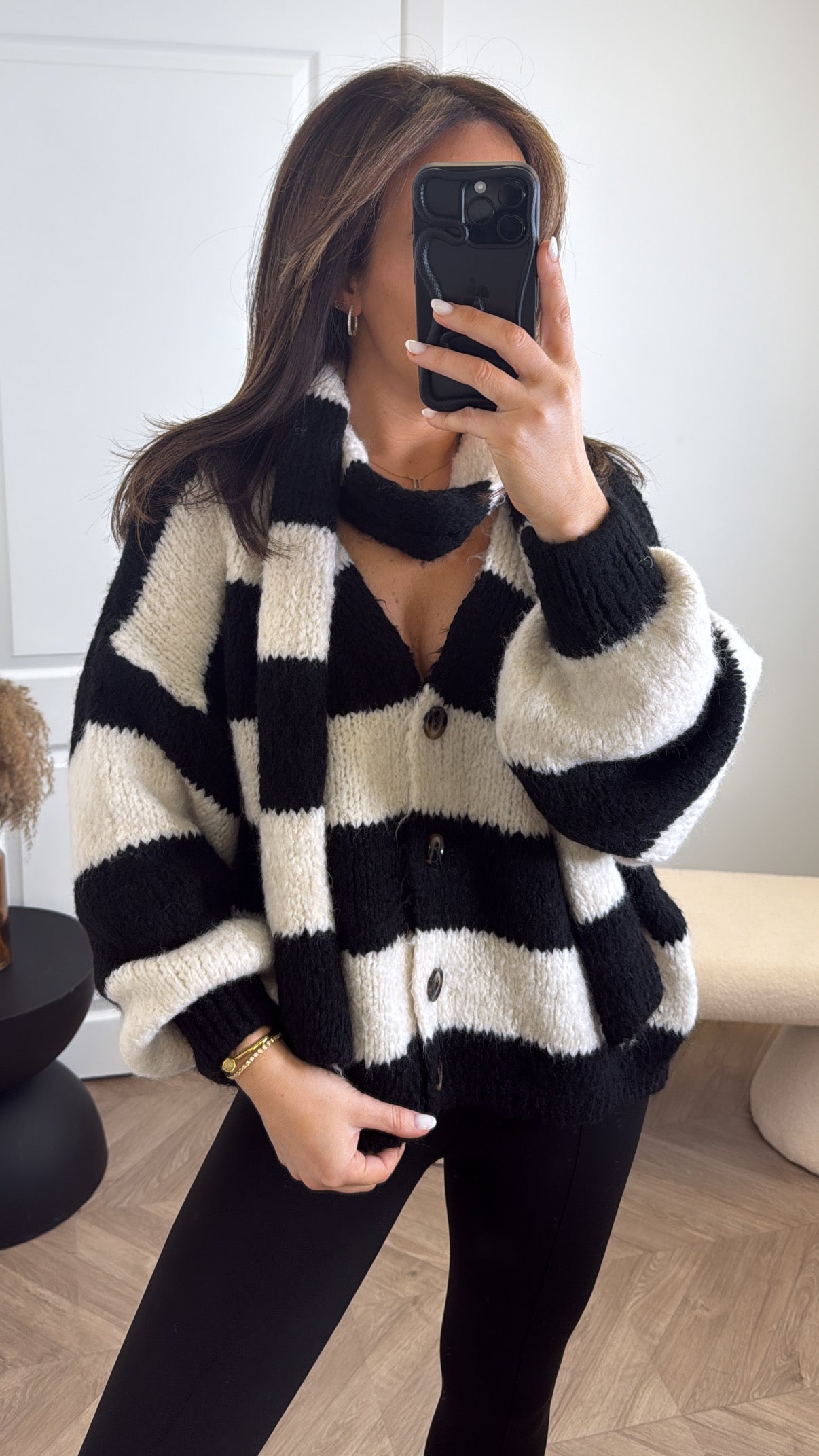 RAVEN black and cream stripe cardigan with neck scarf