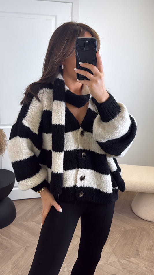 RAVEN black and cream stripe cardigan with neck scarf