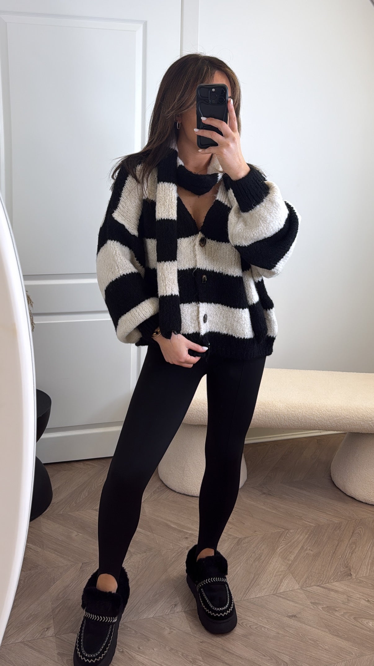 RAVEN black and cream stripe cardigan with neck scarf
