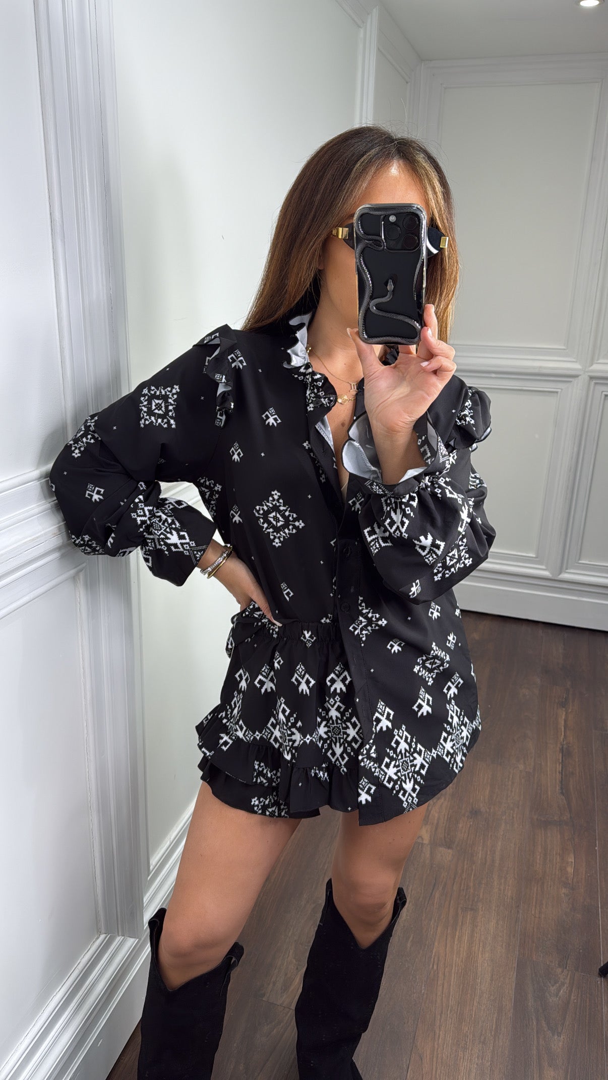 TEXAS black ikat print ruffle skort co-ord
